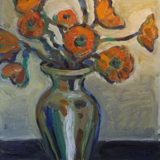 Coral Tulips, Green Vase